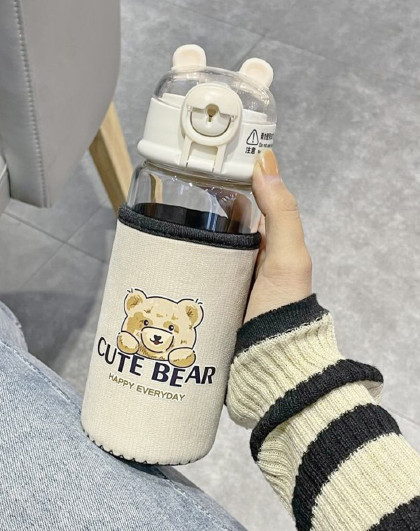 时尚可爱小熊便携玻璃杯大容量耐高温水杯咖啡杯吸管玻璃水杯背带
