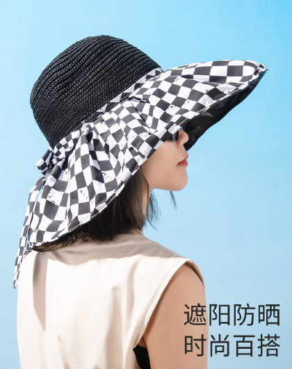 时尚黑胶大帽檐女棋盘格拼接遮阳发带帽防晒帽子