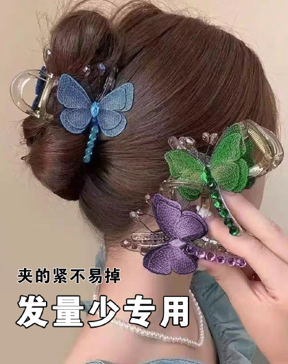 3个装复古刺绣蝴蝶抓夹后脑勺苏鲨鱼夹头饰半扎发量少发夹发饰