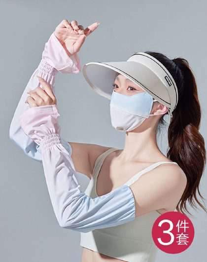 3件套新款夏季立体遮阳凉感透气全脸防晒护眼宽檐遮阳帽口罩袖套