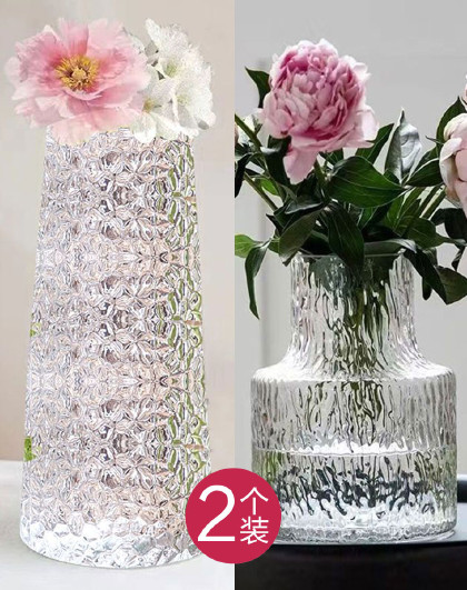 【2个装】玻璃花瓶透明水养富贵竹百合花瓶客厅插花欧式花瓶摆件