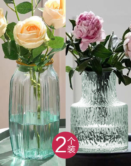 【2个装】玻璃花瓶透明水养富贵竹百合花瓶客厅插花欧式花瓶摆件