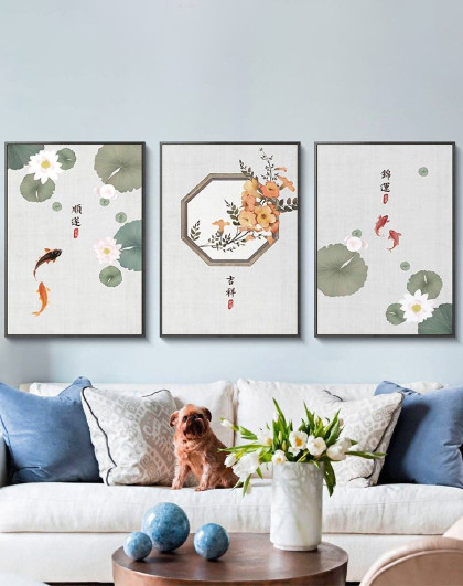 3联装画餐厅挂画简约风格装饰新中式书房茶室客厅沙发背景墙壁画