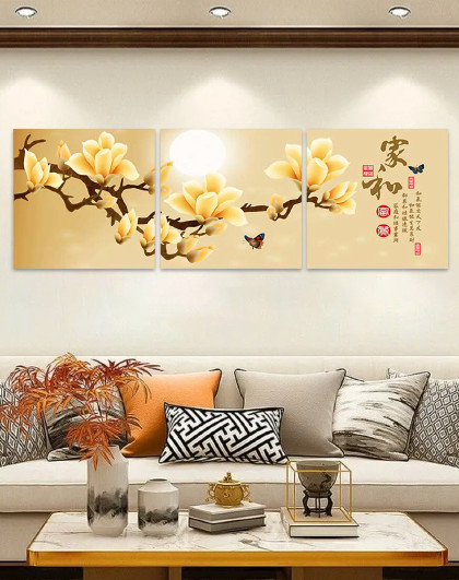 三联画装现代中国风背景墙装饰画新中式家和沙发背景墙挂画轻奢