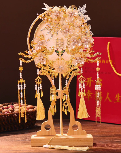 【可礼物款礼盒装喜扇】嵌入式新娘结婚礼出嫁秀禾中式喜扇摆件