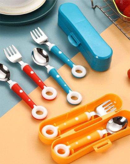 2件套糖果系列儿童甜甜圈叉勺316不锈钢少儿叉勺餐具带收纳盒
