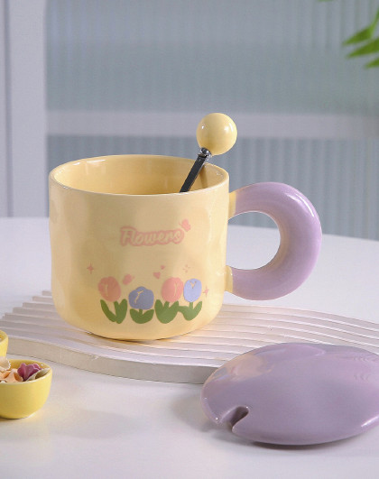 郁金香陶瓷马克杯带盖小清新高档精致马克杯高颜值陶瓷杯早餐杯