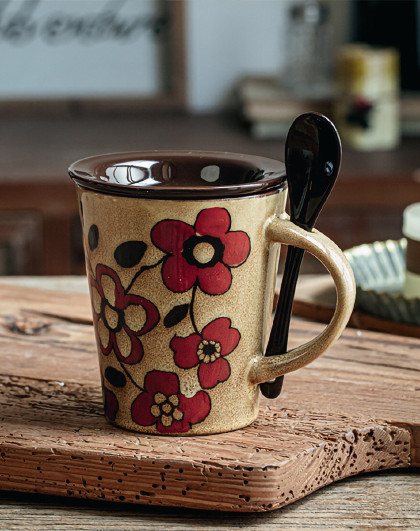 手绘国风咖啡杯复古马克杯家用陶瓷喝水杯复古咖啡杯奶茶杯